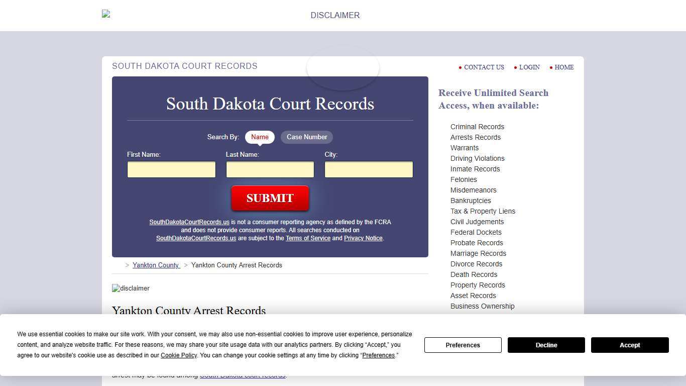 Yankton County Arrest Records SouthDakotaCourtRecords.us